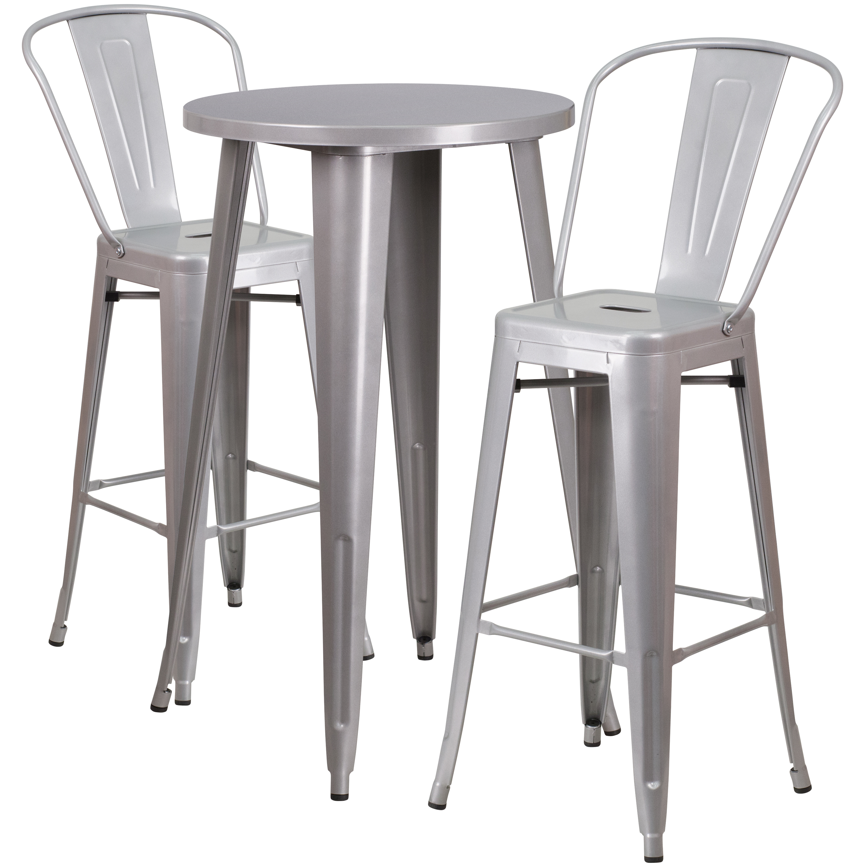 30'' ROUND SILVER METAL INDOOR-OUTDOOR BAR TABLE SET WITH 2 BARSTOOLS 